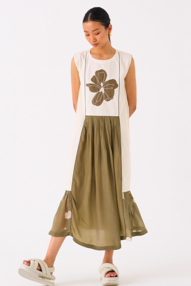 FLORAL PANELLED DRESS-IVORY/OLIVE poplin by THREE in olive color for women Worldwide
