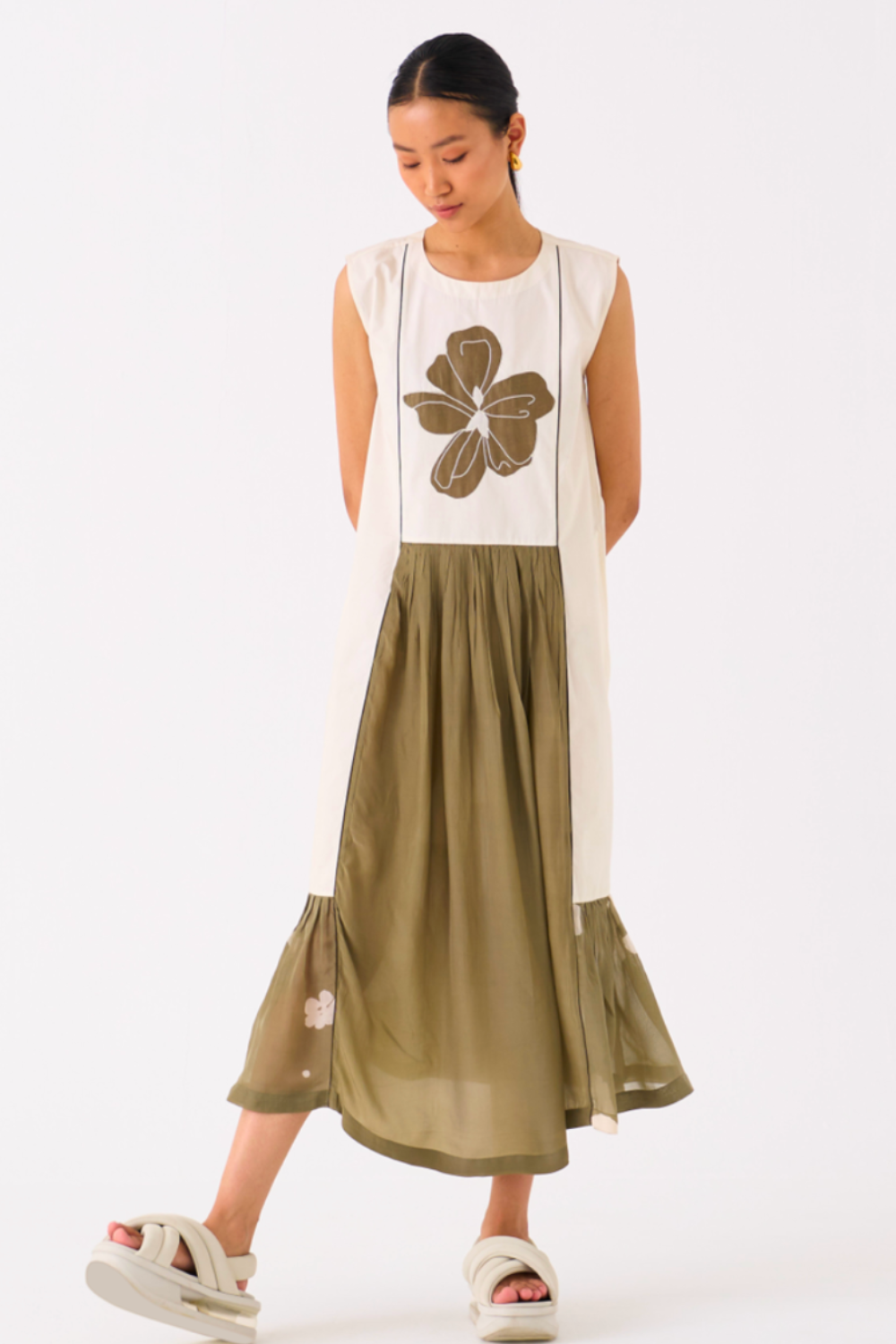 FLORAL PANELLED DRESS-IVORY/OLIVE