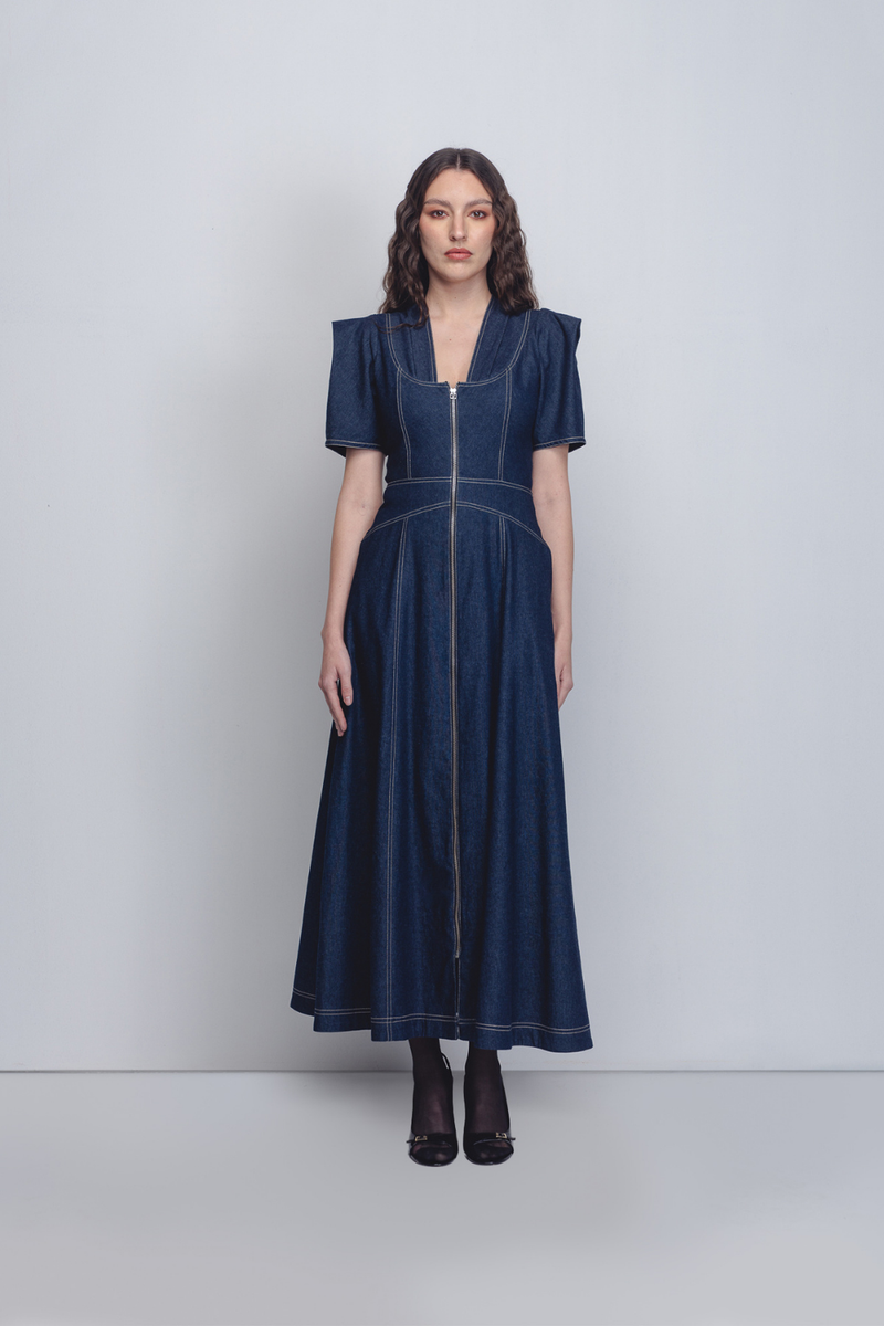 Denim Panelled Dress - Denim Blue cotton by Leh Studios in blue color for women Worldwide