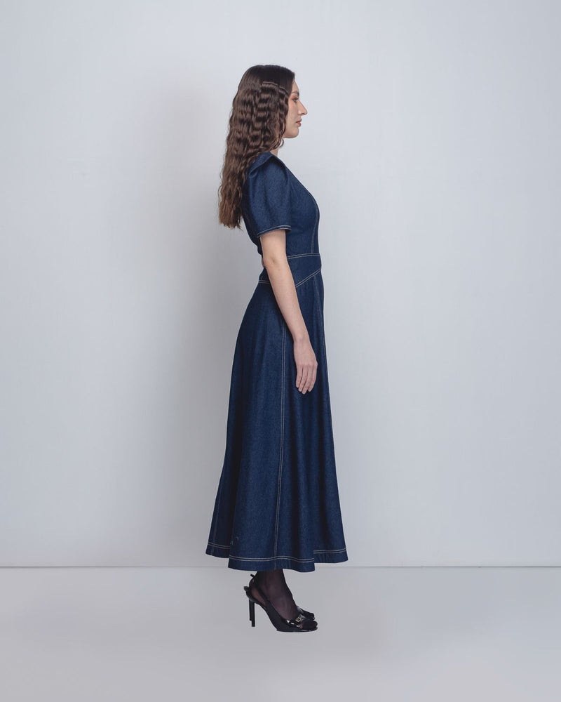 Denim Panelled Dress - Denim Blue cotton by Leh Studios in blue color for women Worldwide