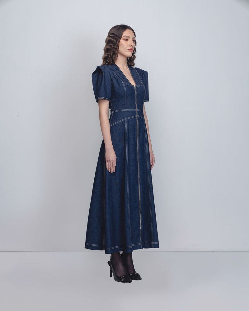 Denim Panelled Dress - Denim Blue cotton by Leh Studios in blue color for women Worldwide