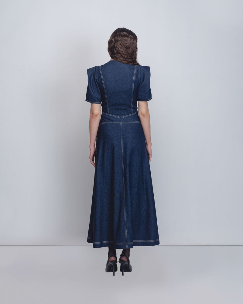 Denim Panelled Dress - Denim Blue cotton by Leh Studios in blue color for women Worldwide