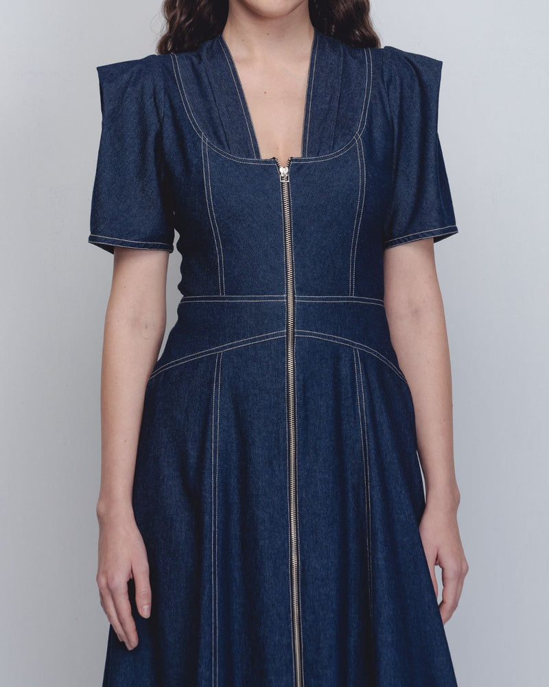 Denim Panelled Dress - Denim Blue cotton by Leh Studios in blue color for women Worldwide