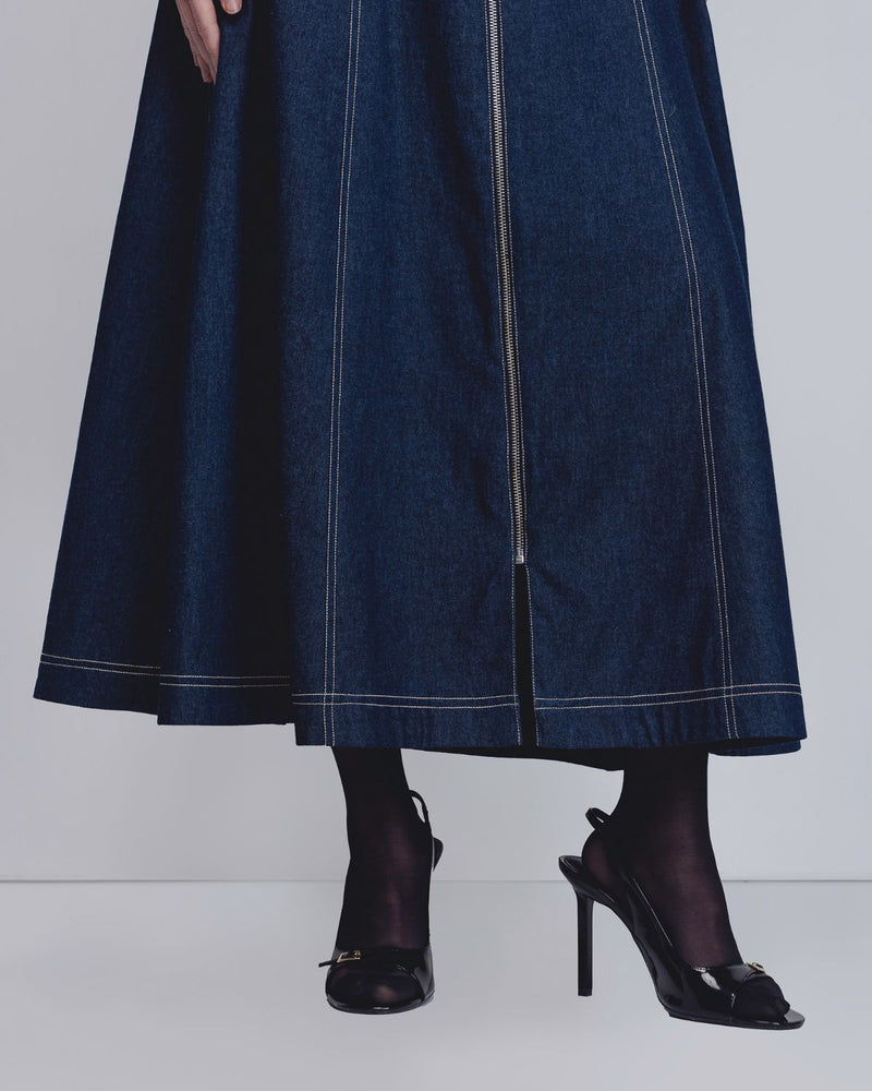 Denim Panelled Dress - Denim Blue cotton by Leh Studios in blue color for women Worldwide