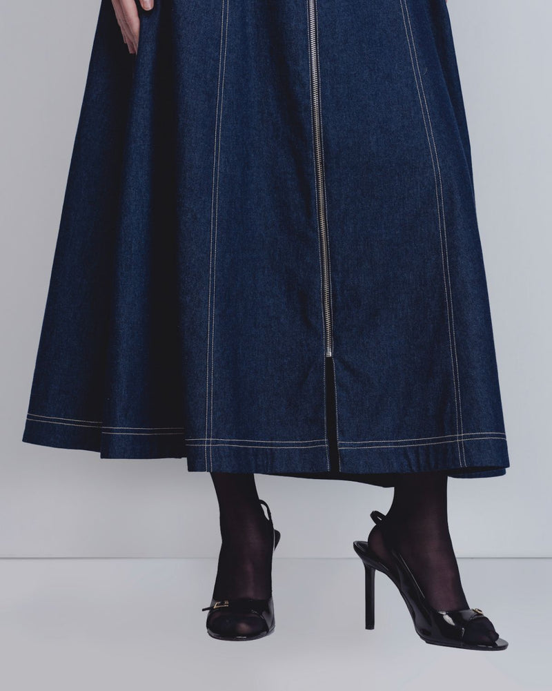 Denim Panelled Dress - Denim Blue cotton by Leh Studios in blue color for women Worldwide