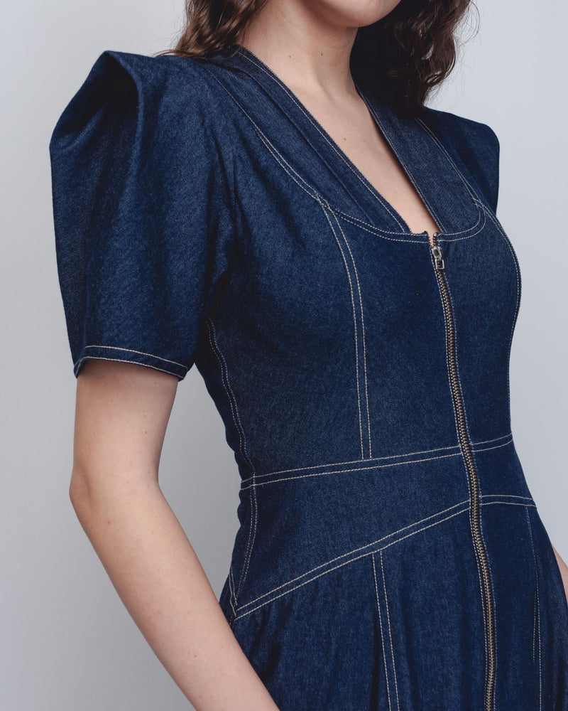 Denim Panelled Dress - Denim Blue cotton by Leh Studios in blue color for women Worldwide