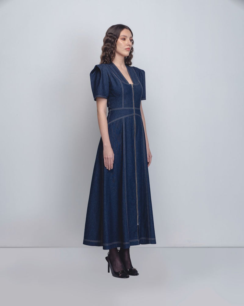 Denim Panelled Dress - Denim Blue cotton by Leh Studios in blue color for women Worldwide