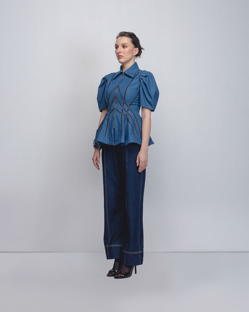 Spirale Denim Top - Denim Blue cotton by Leh Studios in blue color for women Worldwide