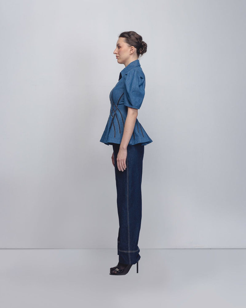 Spirale Denim Top - Denim Blue cotton by Leh Studios in blue color for women Worldwide