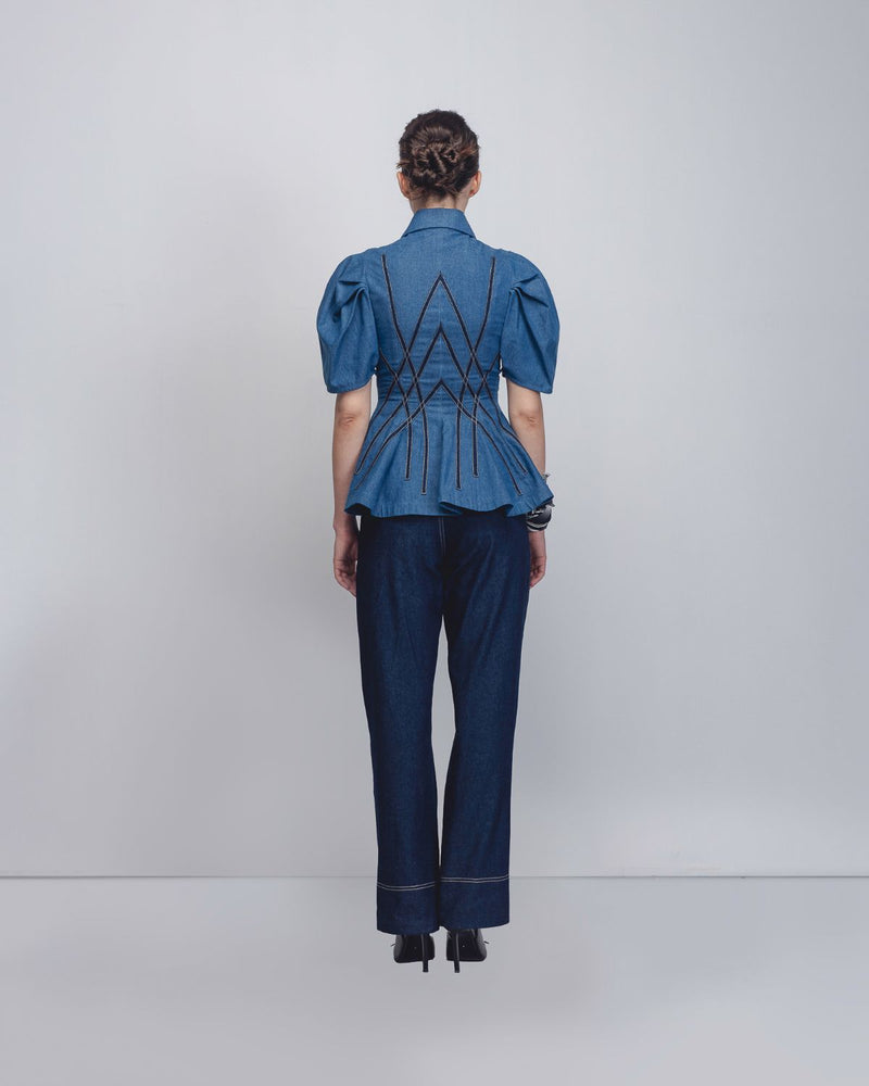 Spirale Denim Top - Denim Blue cotton by Leh Studios in blue color for women Worldwide