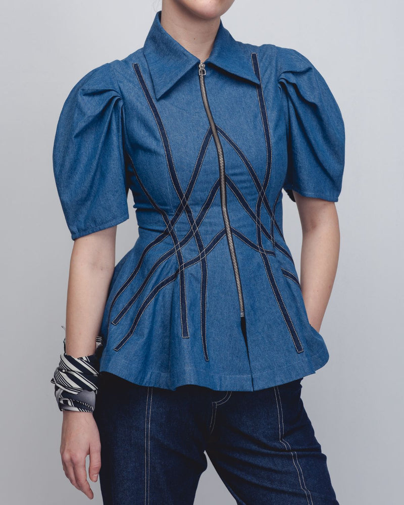 Spirale Denim Top - Denim Blue cotton by Leh Studios in blue color for women Worldwide