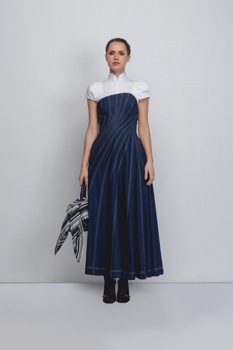 Denim Swirl Dress - Denim Blue + White cotton by Leh Studios in white color for women Worldwide