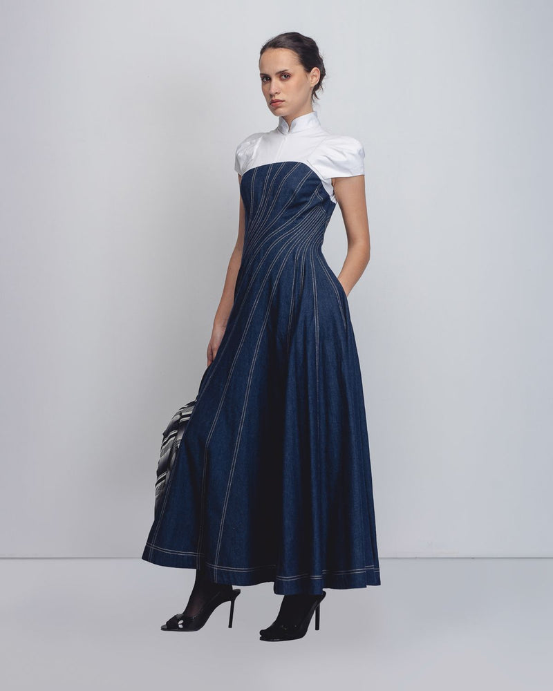 Denim Swirl Dress - Denim Blue + White cotton by Leh Studios in white color for women Worldwide