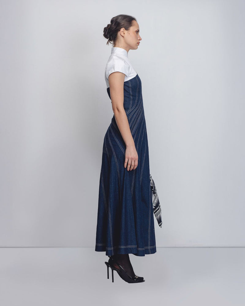 Denim Swirl Dress - Denim Blue + White cotton by Leh Studios in white color for women Worldwide