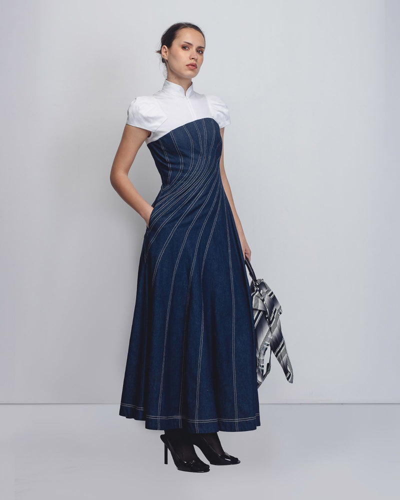Denim Swirl Dress - Denim Blue + White cotton by Leh Studios in white color for women Worldwide