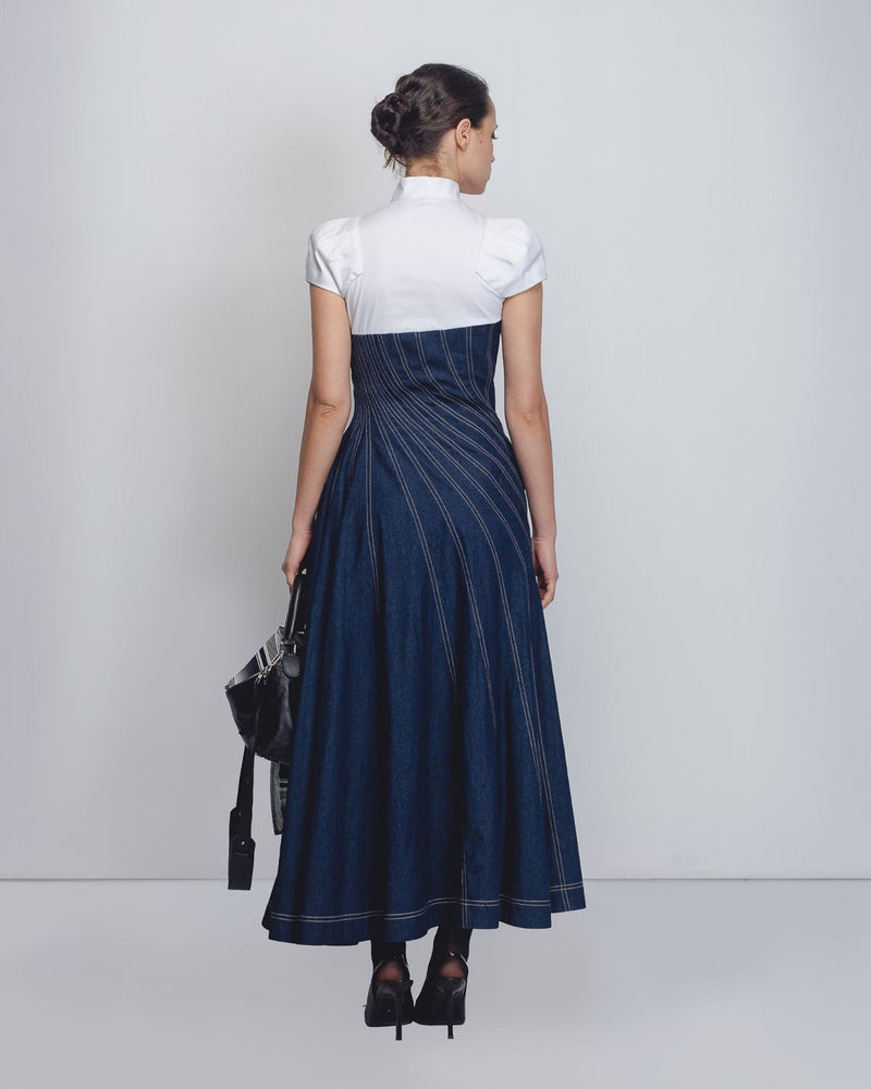 Denim Swirl Dress - Denim Blue + White cotton by Leh Studios in white color for women Worldwide