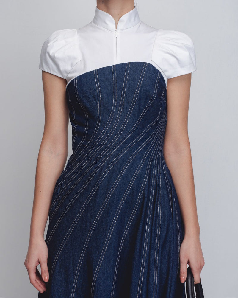 Denim Swirl Dress - Denim Blue + White cotton by Leh Studios in white color for women Worldwide