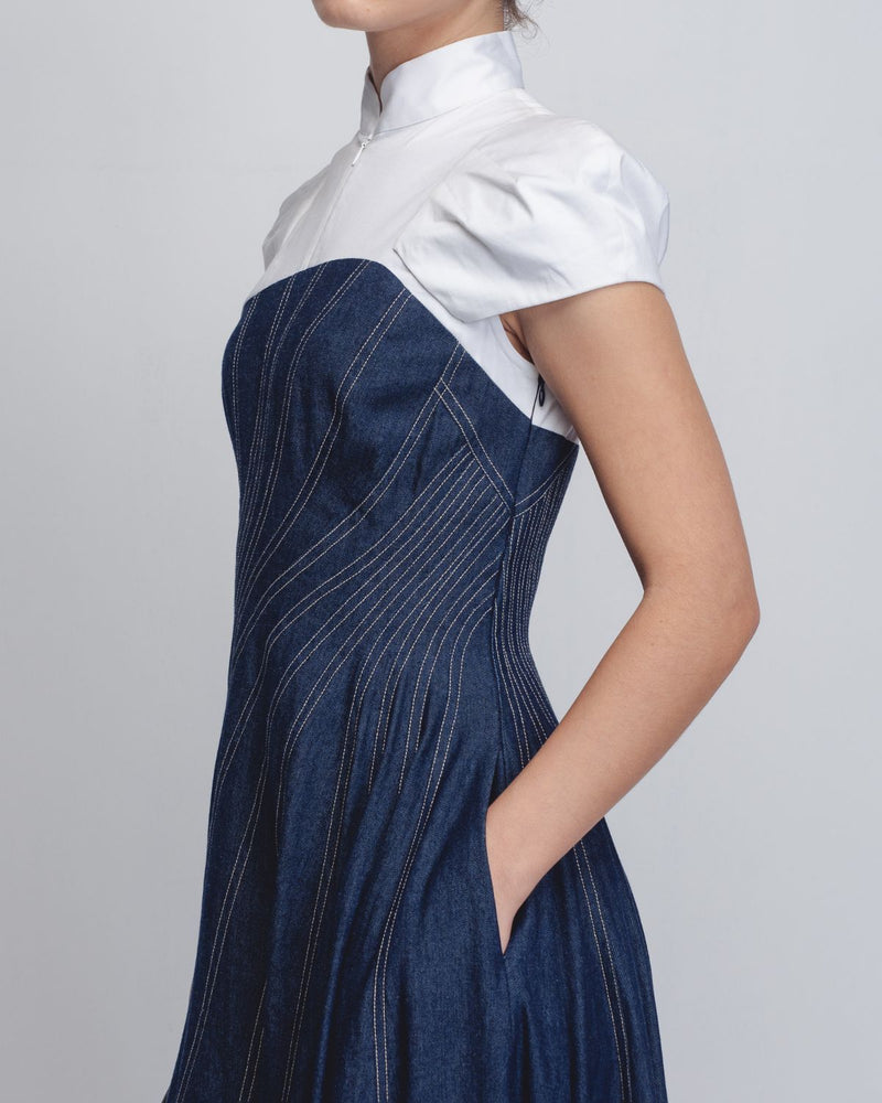 Denim Swirl Dress - Denim Blue + White cotton by Leh Studios in white color for women Worldwide