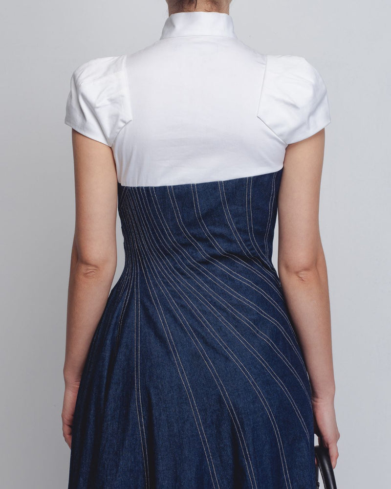 Denim Swirl Dress - Denim Blue + White cotton by Leh Studios in white color for women Worldwide