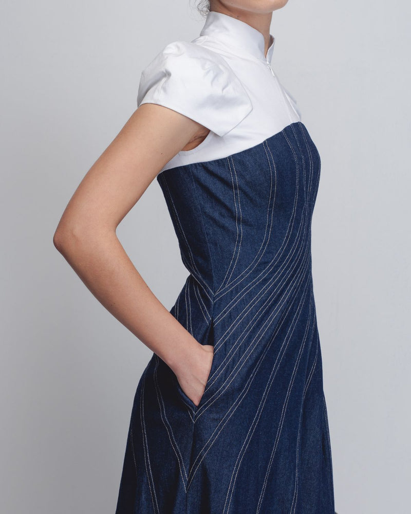 Denim Swirl Dress - Denim Blue + White cotton by Leh Studios in white color for women Worldwide