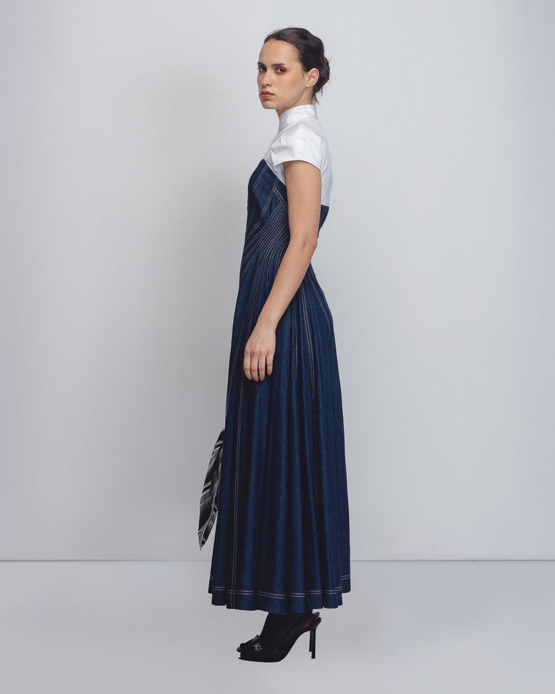 Denim Swirl Dress - Denim Blue + White cotton by Leh Studios in white color for women Worldwide