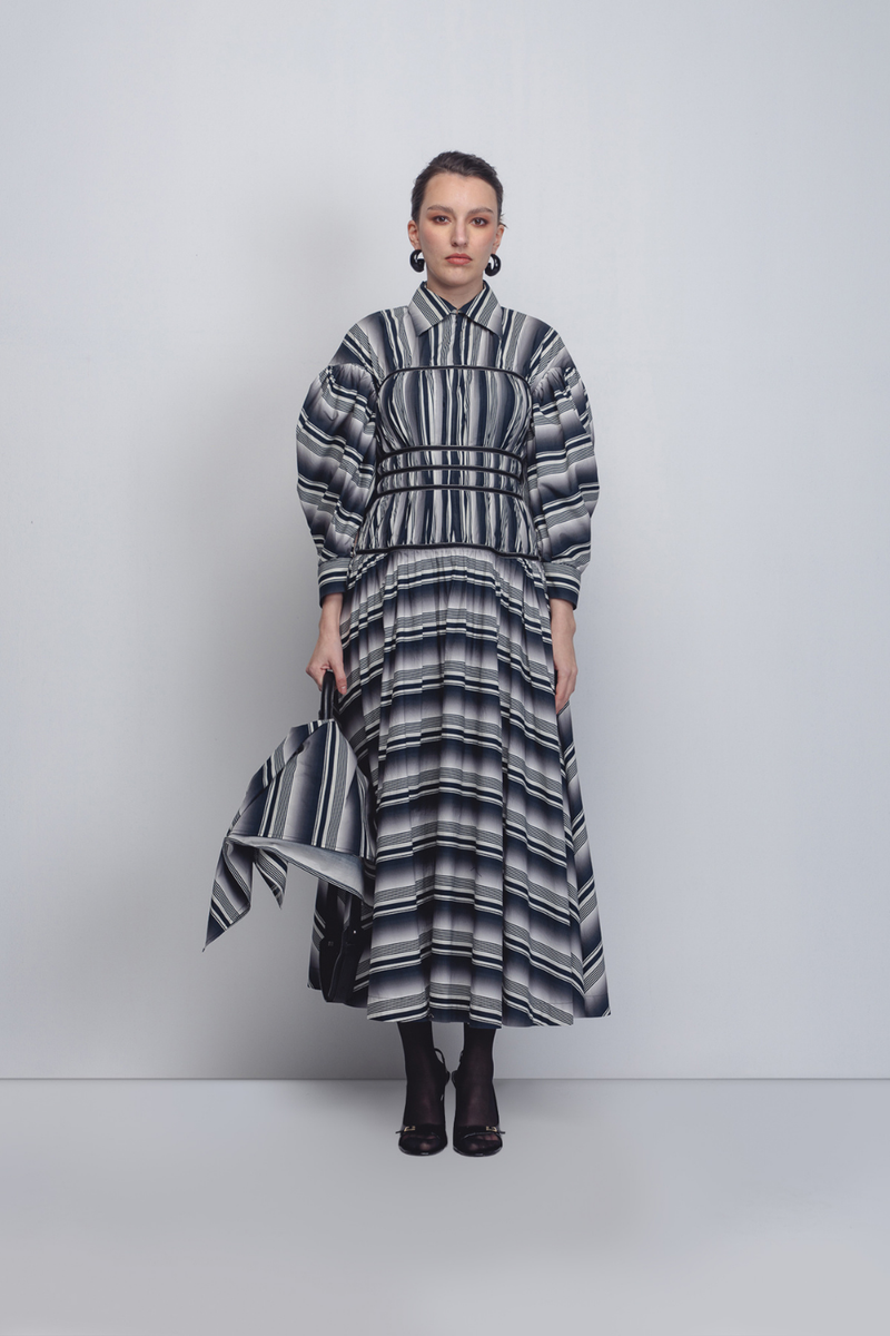 Dia Dress - Black + White Stripes cotton by Leh Studios in black color for women Worldwide