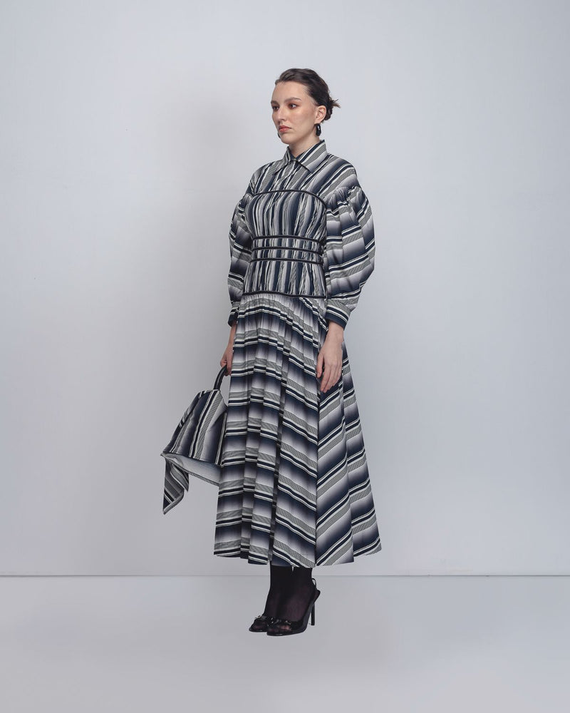 Dia Dress - Black + White Stripes cotton by Leh Studios in black color for women Worldwide
