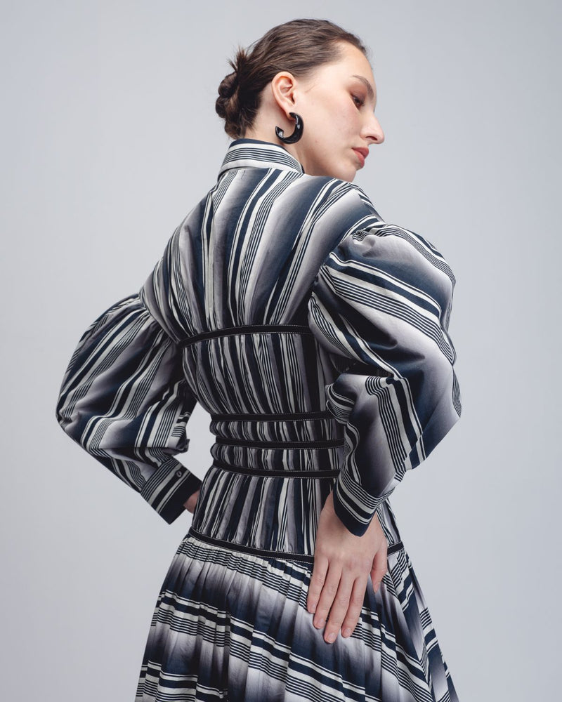 Dia Dress - Black + White Stripes cotton by Leh Studios in black color for women Worldwide