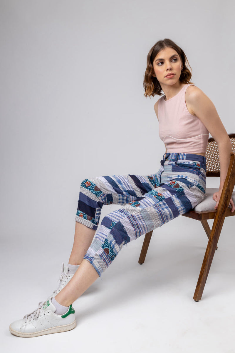 JUNE PATCH WORK PANTS by Doodlage in blue color for women Worldwide