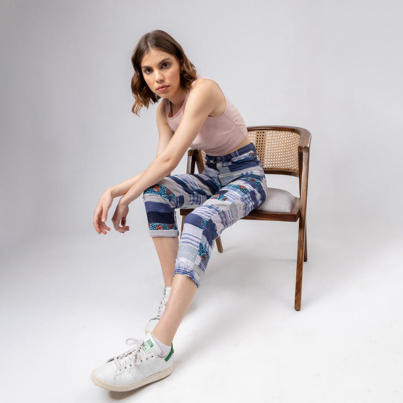 JUNE PATCH WORK PANTS by Doodlage in blue color for women Worldwide