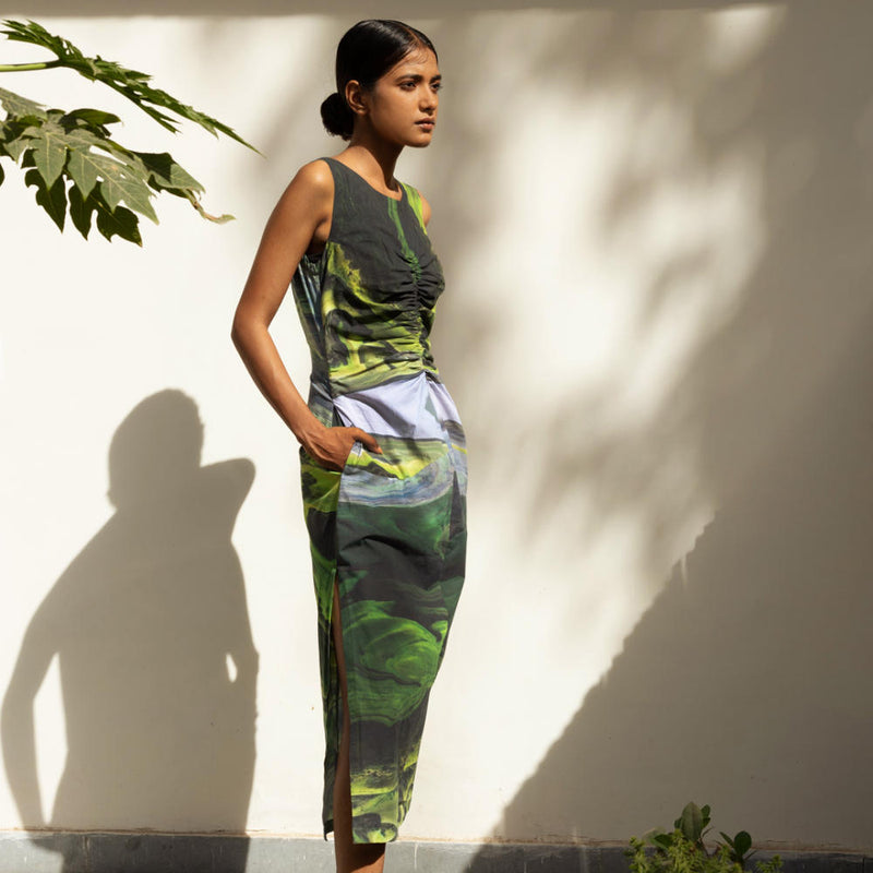 Sarah Printed Dress by Doodlage in green color for women Worldwide