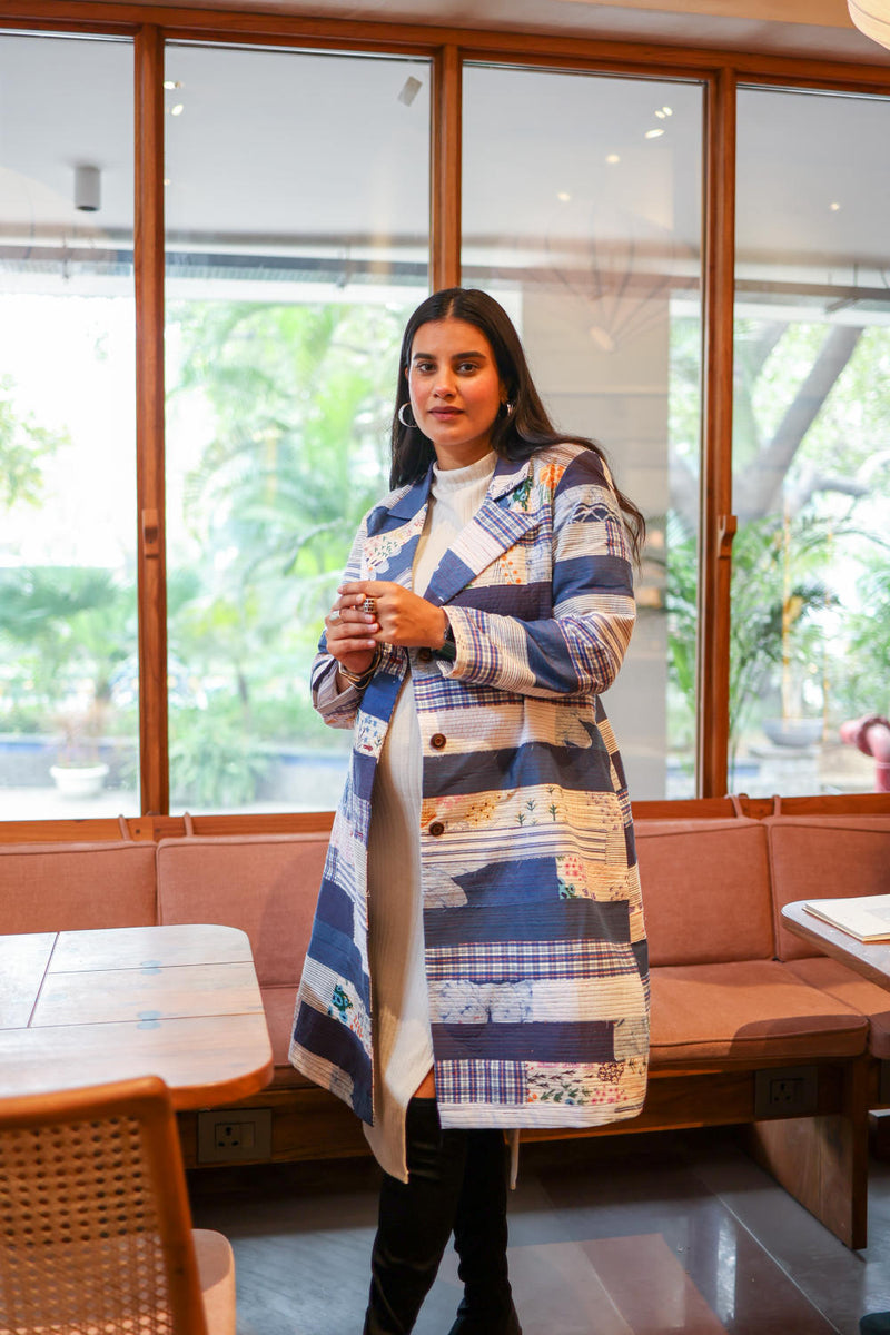 SKY PATCHWORK TRENCH by Doodlage in blue color for women Worldwide