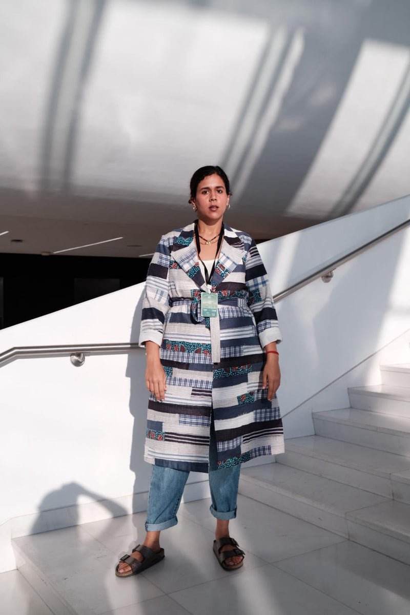 SKY PATCHWORK TRENCH by Doodlage in blue color for women Worldwide