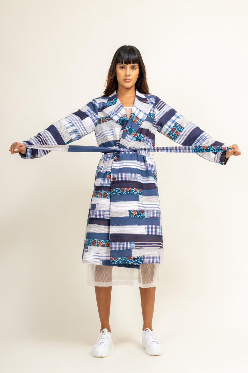 SKY PATCHWORK TRENCH by Doodlage in blue color for women Worldwide