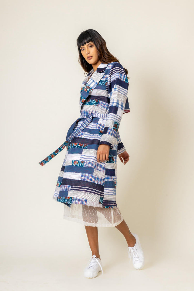 SKY PATCHWORK TRENCH by Doodlage in blue color for women Worldwide