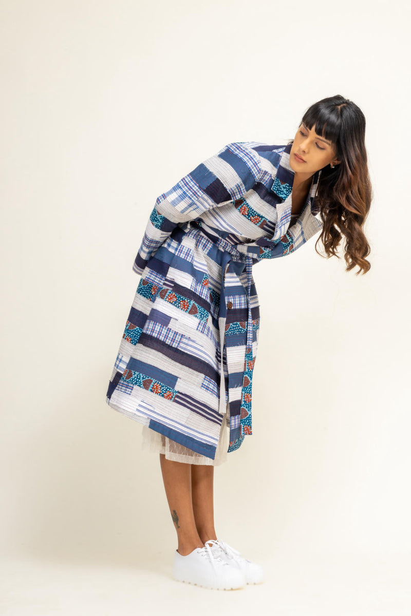 SKY PATCHWORK TRENCH by Doodlage in blue color for women Worldwide