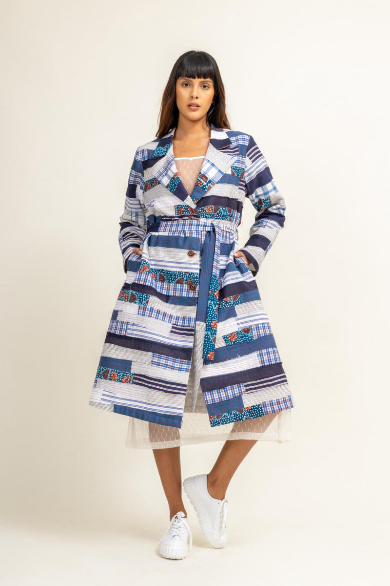 SKY PATCHWORK TRENCH by Doodlage in blue color for women Worldwide