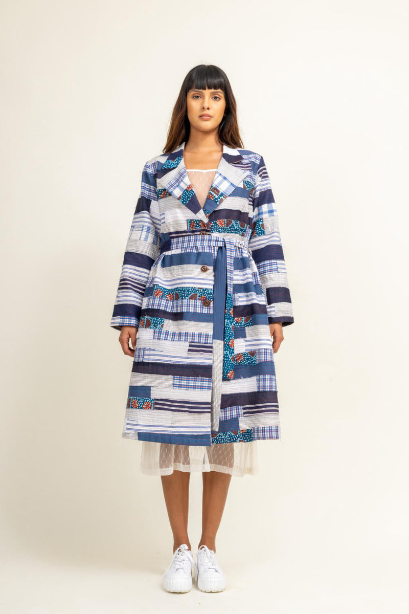 SKY PATCHWORK TRENCH by Doodlage in blue color for women Worldwide