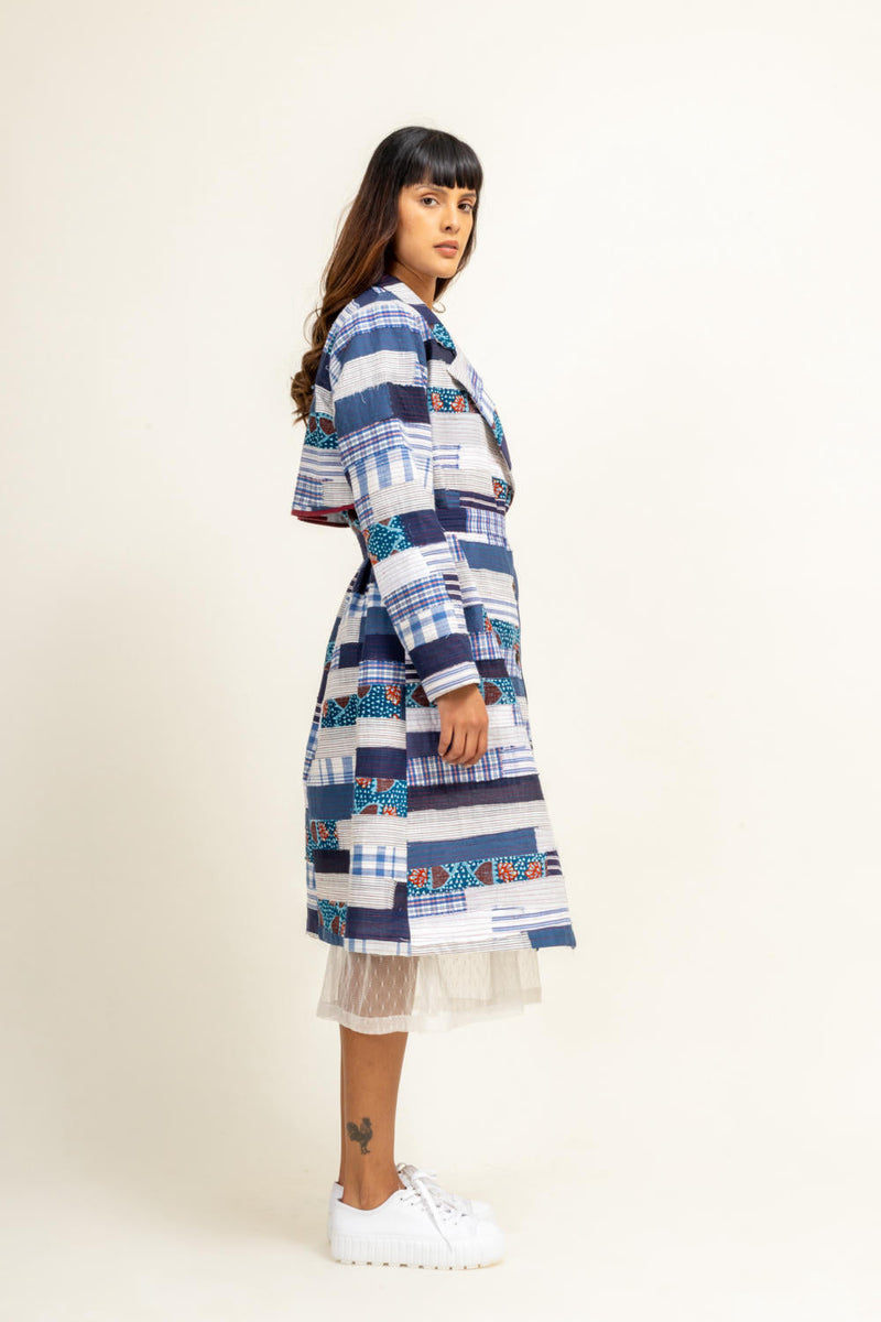 SKY PATCHWORK TRENCH by Doodlage in blue color for women Worldwide