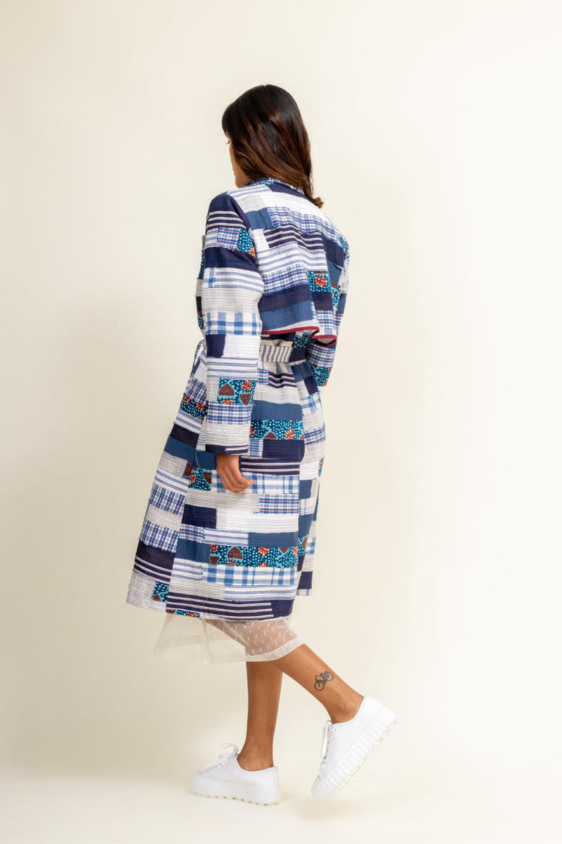SKY PATCHWORK TRENCH by Doodlage in blue color for women Worldwide