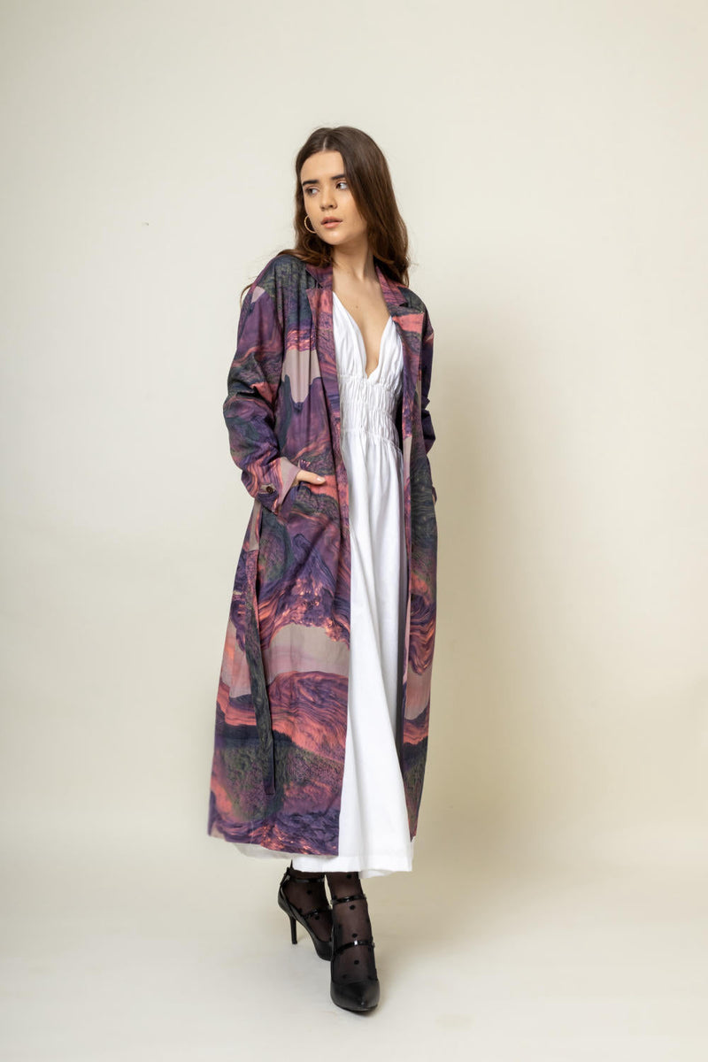Amelia Printed Trench by Doodlage in purple color for women Worldwide