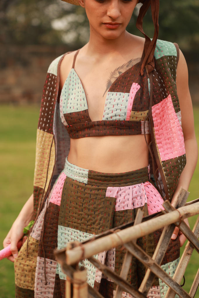 AVA KANTHA PATCHWORK BRALETTE upcycled cotton by Doodlage in multi color for women Worldwide