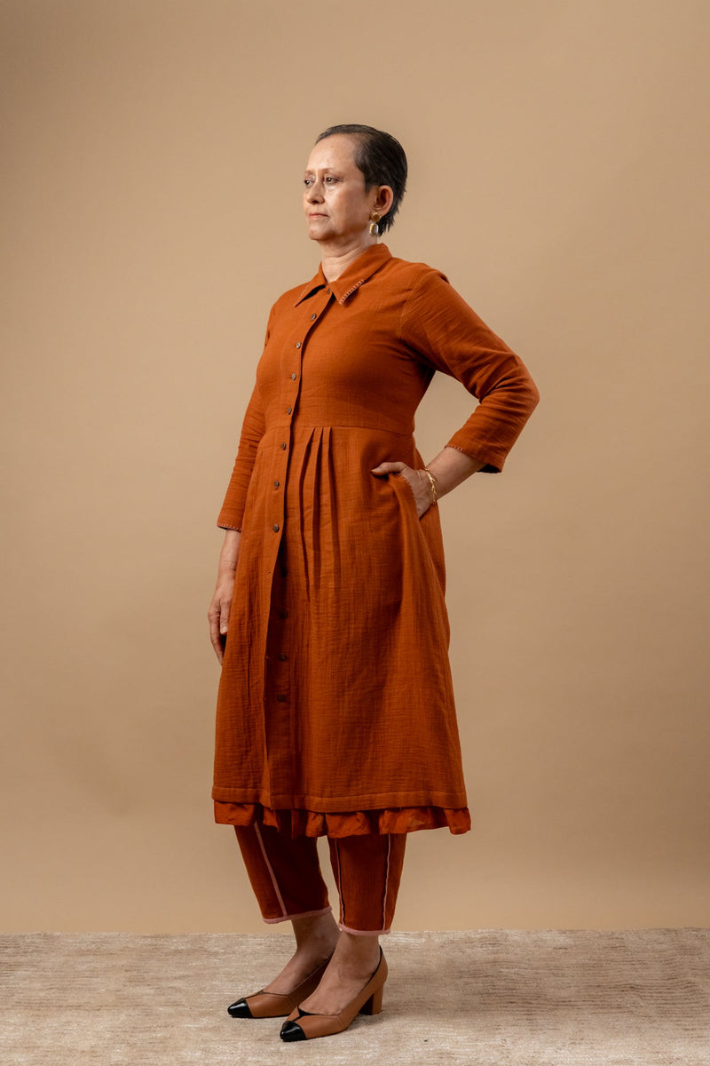 Carolle Shirt Dress organic cotton gauge by Doodlage in rust color for women Worldwide