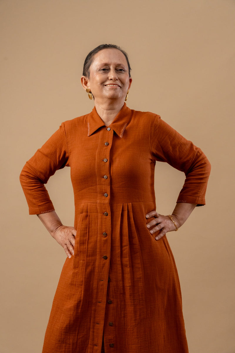 Carolle Shirt Dress organic cotton gauge by Doodlage in rust color for women Worldwide