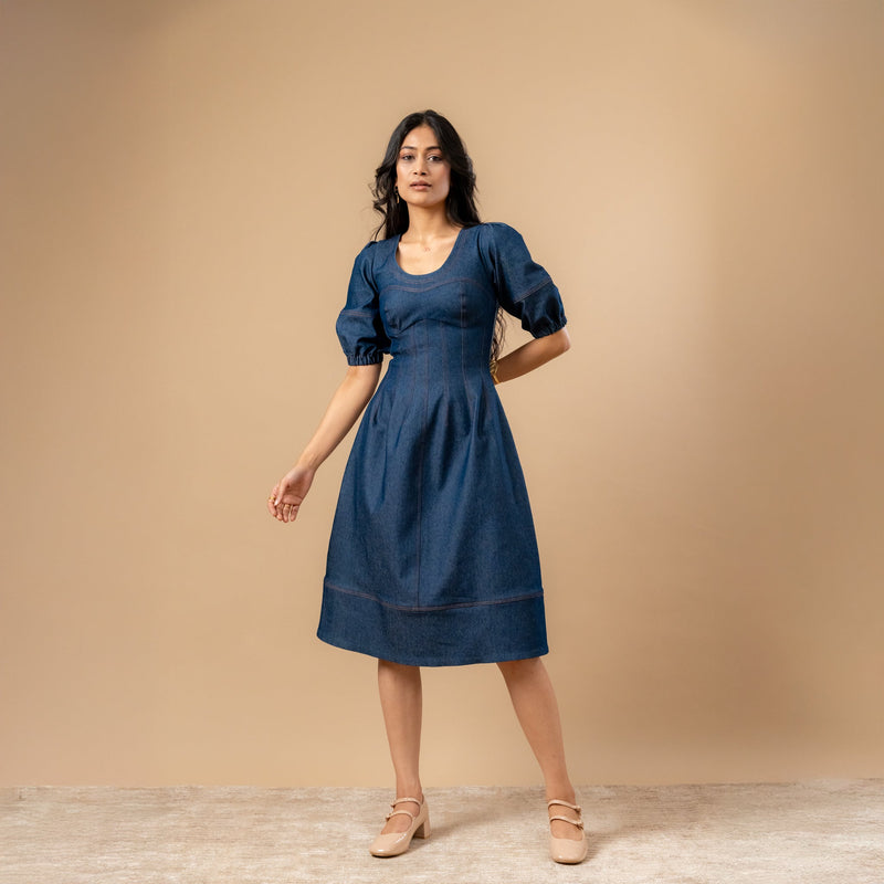 Isabelle Upcycled Denim Dress by Doodlage in blue color for women Worldwide
