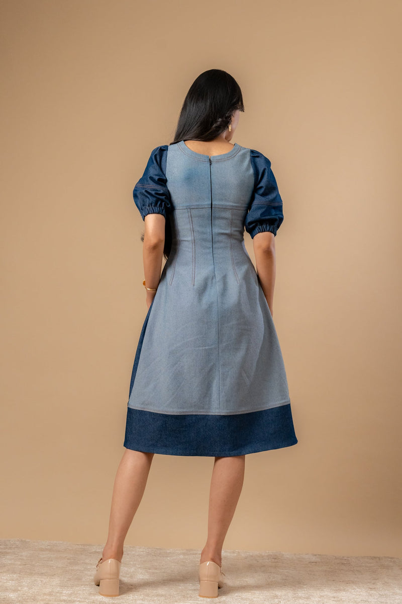 Isabelle Upcycled Denim Dress by Doodlage in blue color for women Worldwide