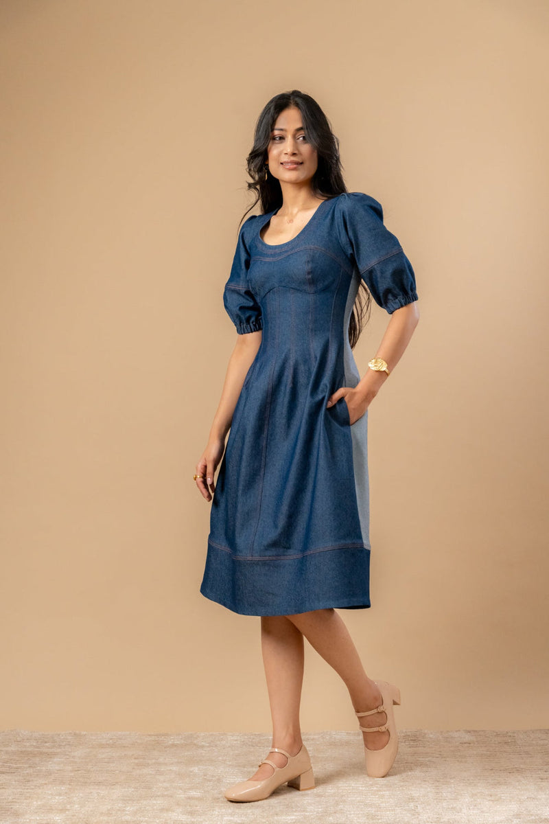 Isabelle Upcycled Denim Dress by Doodlage in blue color for women Worldwide