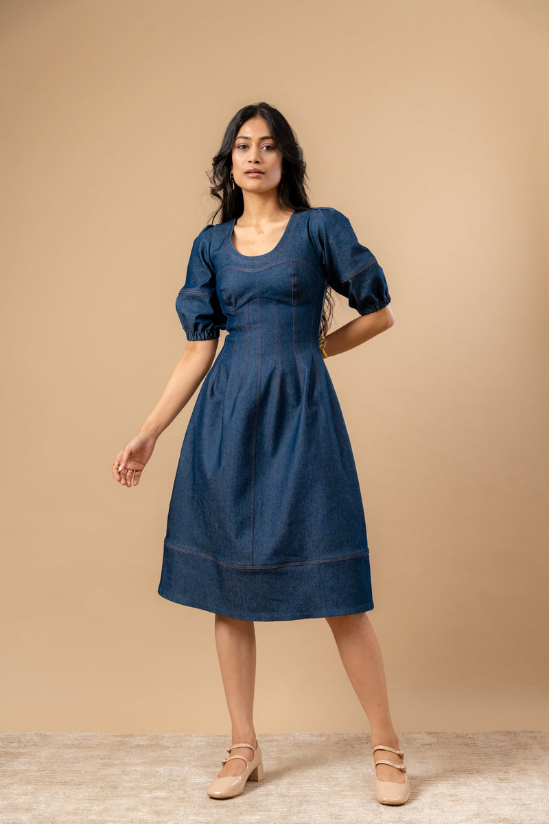 Isabelle Upcycled Denim Dress by Doodlage in blue color for women Worldwide