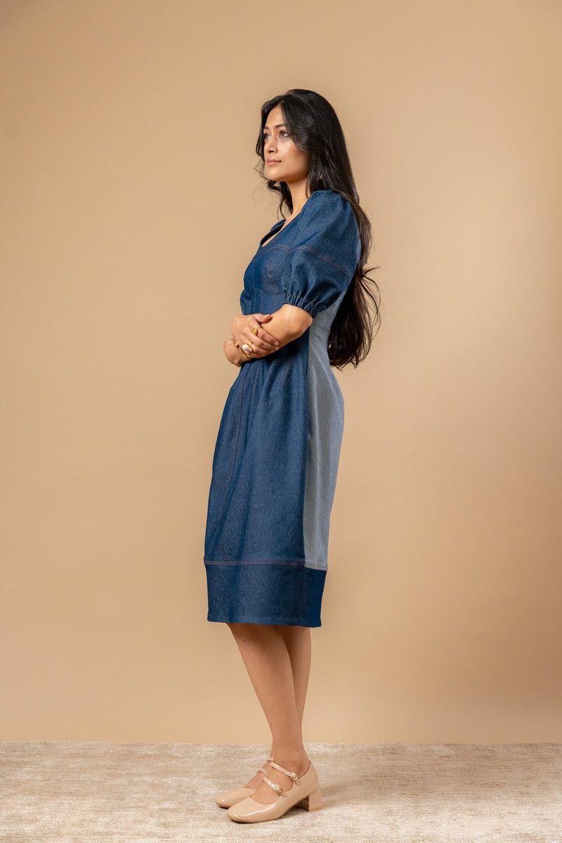 Isabelle Upcycled Denim Dress by Doodlage in blue color for women Worldwide