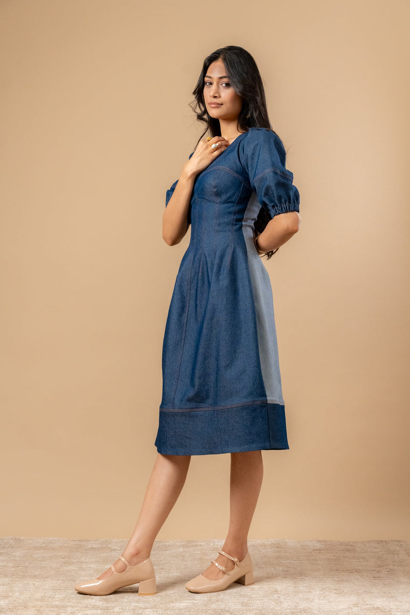 Isabelle Upcycled Denim Dress by Doodlage in blue color for women Worldwide